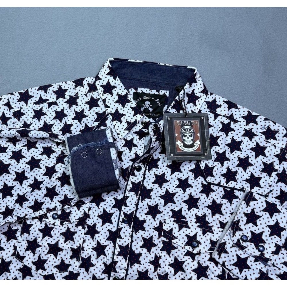 Rock Roll N Soul Shirt Mens XXL Black Star AOP Pearl Snap Denim Cuffs NEW